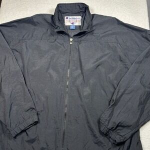 Champion Vintage Windbreaker Jacket Men Large Black Nylon Full Zip Track Coat L